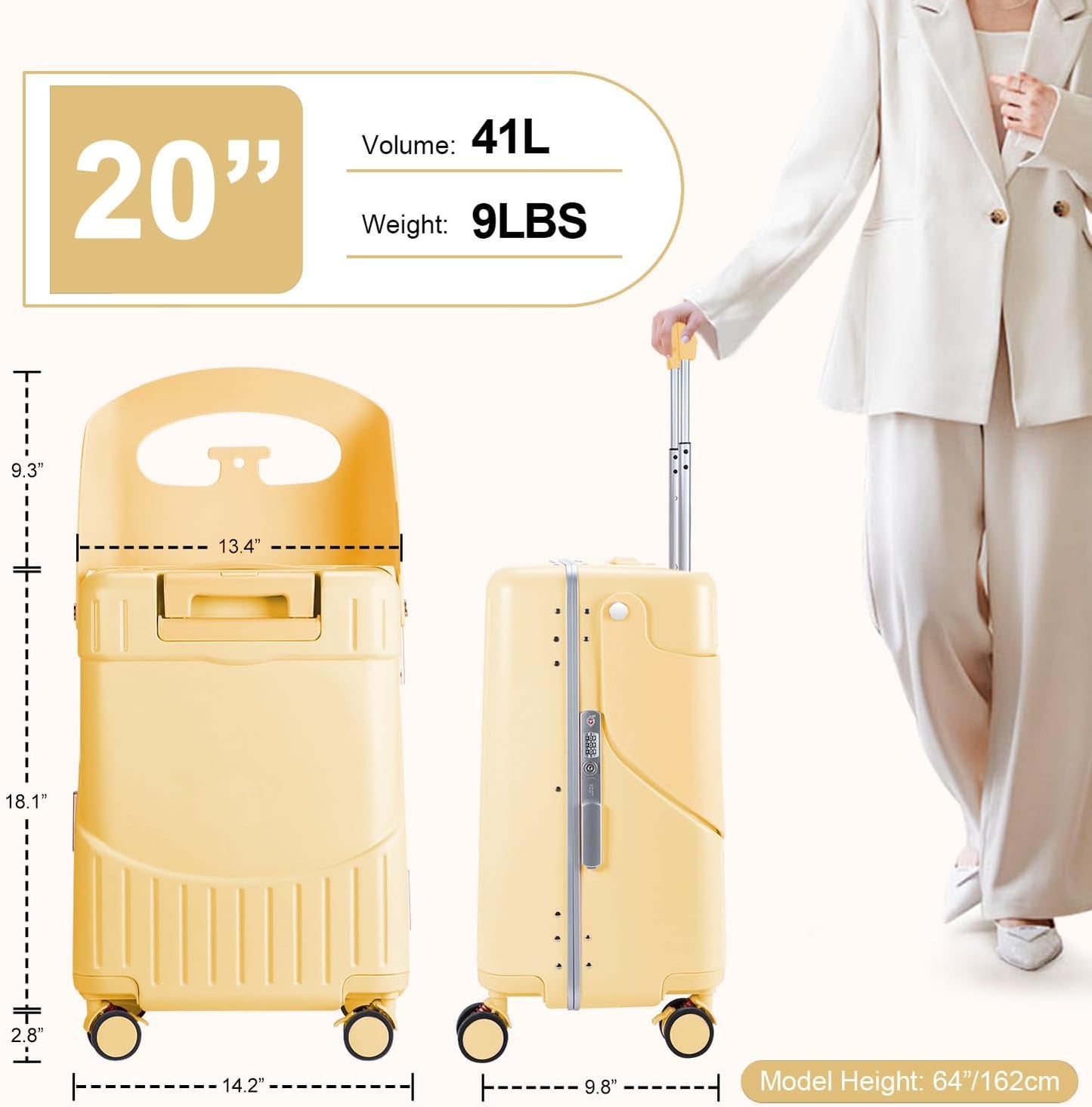 MRPLUM Ride On Luggage with Seat for Kids&Adults with Seat Belt,Hard Shell Lightweight Rolling Spinner Wheels Travel Luggage with TSA Lock,20 inch,Yellow