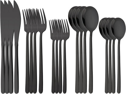 20 Pieces Silverware Set 304 Stainless Steel, Healthy & Eco-Friendly Silver Travel Mirror Polished Black Knife Fork Spoon Salad Fork Dessert Spoon Flatware Set, Service for 4
