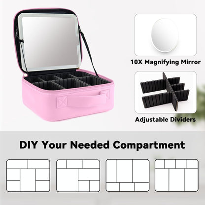 Travel Makeup Bag with LED Mirror and 10x magnifying glass with 3 Lighted Settings, Adjustable Dividers and Makeup Brush Storage Bag Light Pink