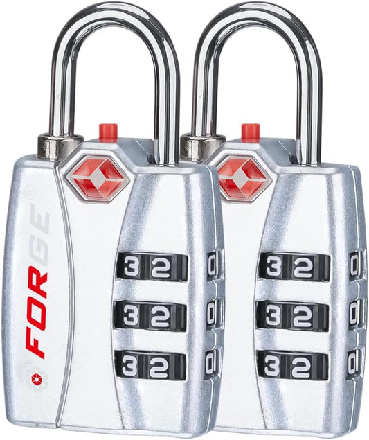 Forge TSA Luggage Combination Lock - Open Alert Indicator, Easy Read Dials, Alloy Body- Ideal for Travel, Lockers, Bags (Silver)