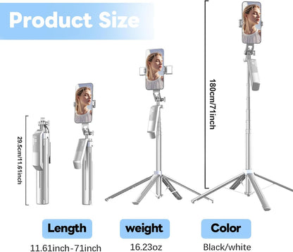 71" Selfie Stick Phone Tripod with Wireless Remote & 2 LED Fill Lights, Extendable Aluminum Phone Stand for iPhone/Android/Camera, Portable Travel Tripod for Vlogging, Live Streaming, Video Recording
