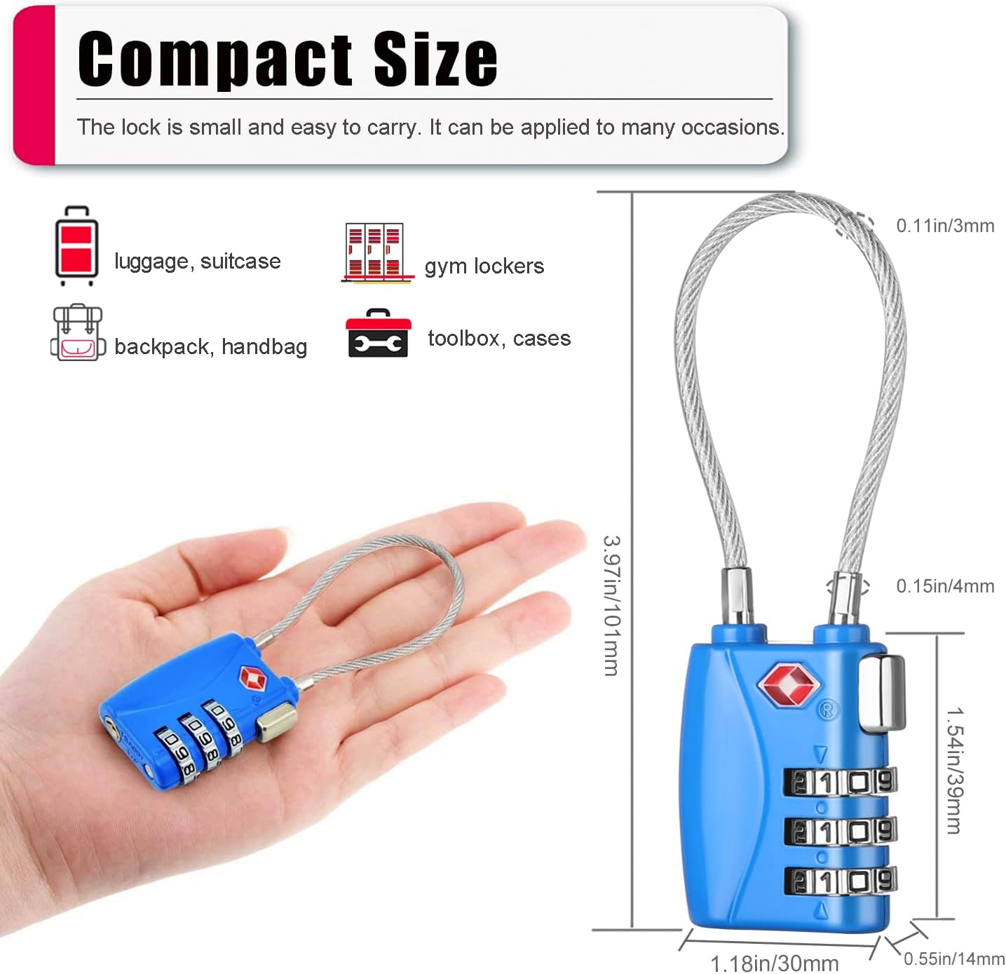 ZHEGE TSA Cable Luggage Lock 3 Digit Combination Padlock with Alloy Body for Suitcase, Baggage, Backpack, Pistol Case (2 Pack, Blue)