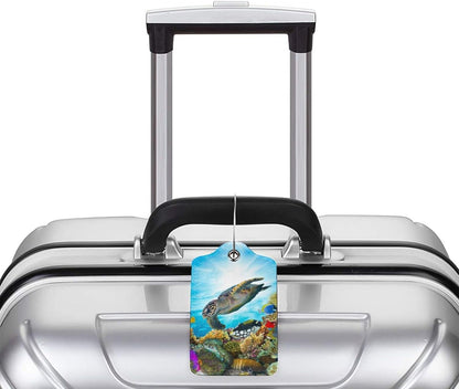 2 Pack Sea Turtle Luggage Tag for Suitcases, Cool Leather Suitcase Labels with Full Privacy Cover Id Name Card and Stainless Steel Loop, Funny Travel Identifiers Tags Luggage for Women Men Baggage