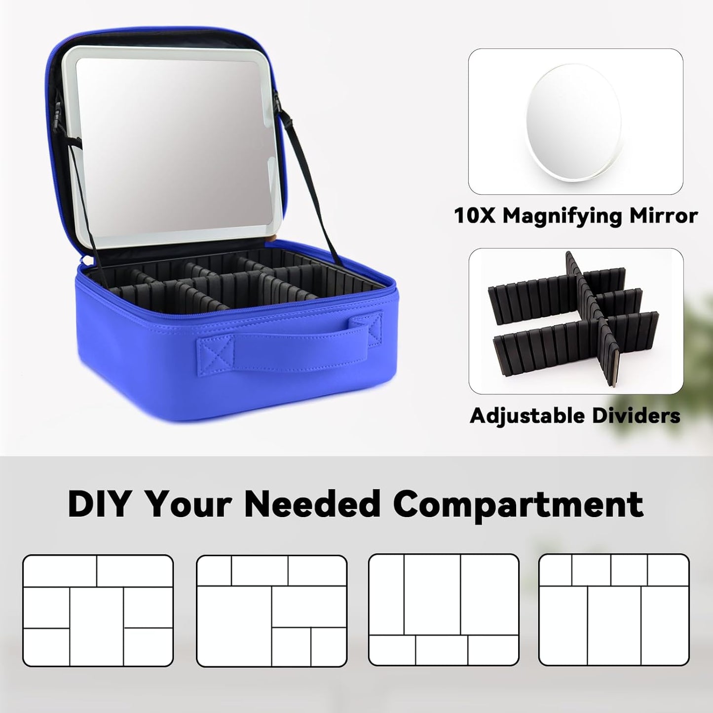 Travel Makeup Bag with LED Mirror and 10x magnifying glass with 3 Lighted Settings, Adjustable Dividers and Makeup Brush Storage Bag Dark Blue