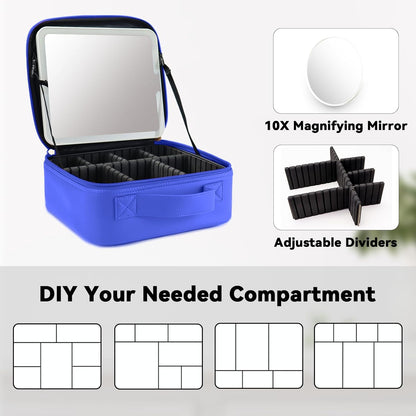 Travel Makeup Bag with LED Mirror and 10x magnifying glass with 3 Lighted Settings, Adjustable Dividers and Makeup Brush Storage Bag Dark Blue