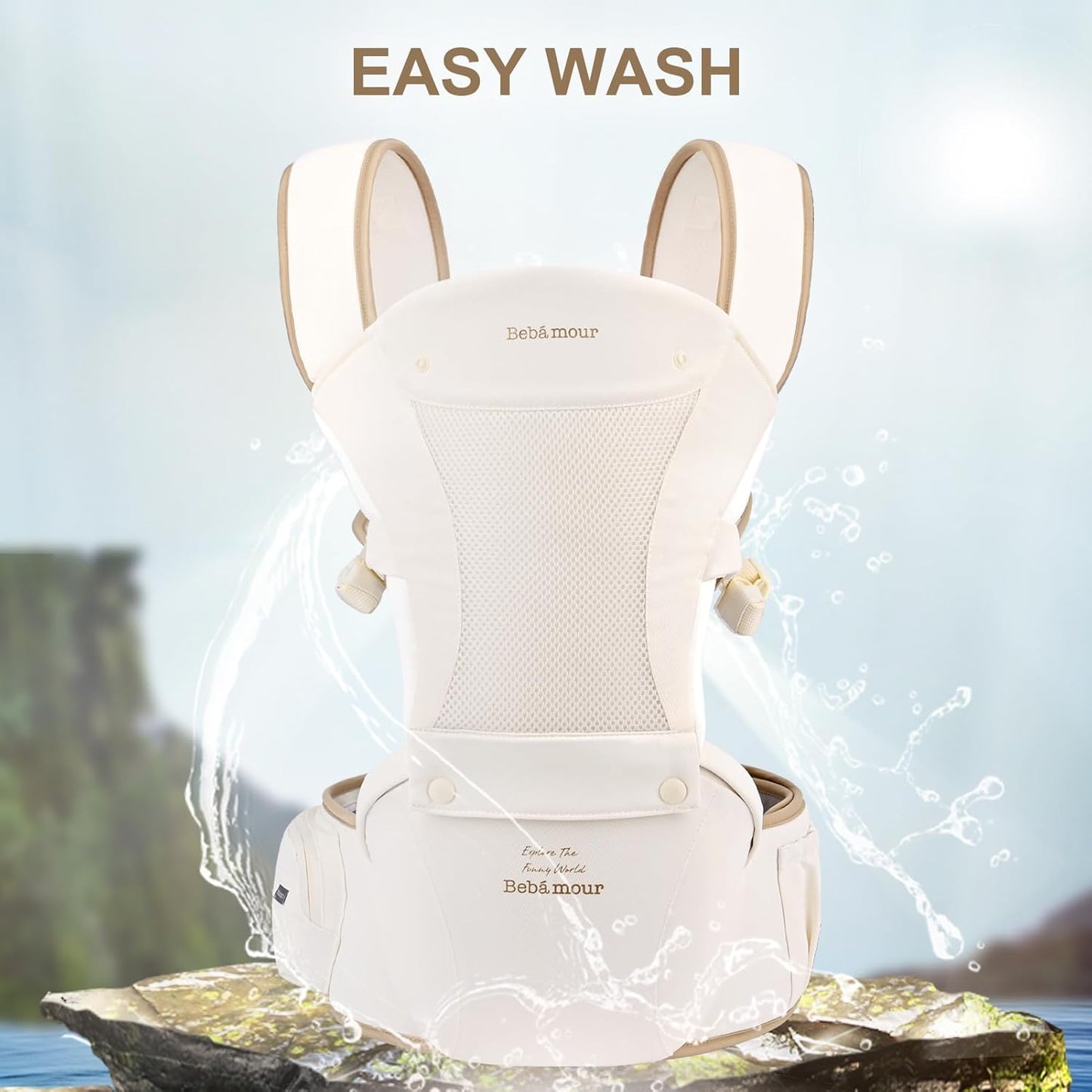 Bebamour Baby Carrier with Hip Seat,All-Position Breathable Mesh Hip Seat & Carrier 0-36Months with Head Hood, 3 PCS Teething Pads, Waist Extender,Storage Bag & Pacifier Case(Khaki)