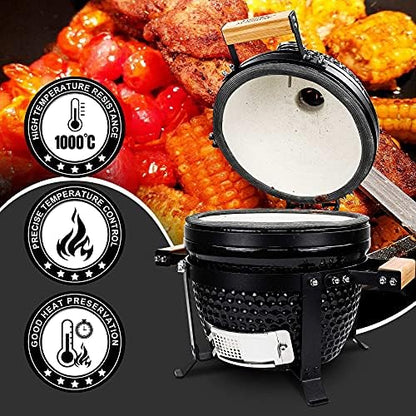 London Sunshine Ceramic BBQ Charcoal Kamado Grill 13 inch Portable Tabletop BBQ Grill with Stainless Steel Grates Black, Black