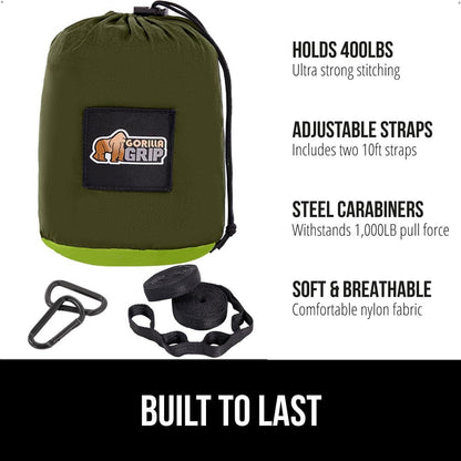 GORILLA GRIP Durable Portable Camping Hammock, Holds 400lbs with Heavy Duty Tree Straps, Comfortable Travel Swing, Camp Hammocks, Easy to Use and Install, Outdoor Essentials, Green, 9x4.5 FT