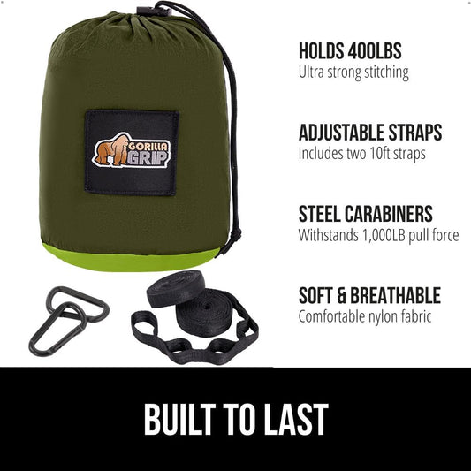 GORILLA GRIP Durable Portable Camping Hammock, Holds 400lbs with Heavy Duty Tree Straps, Comfortable Travel Swing, Camp Hammocks, Easy to Use and Install, Outdoor Essentials, Green, 9x4.5 FT