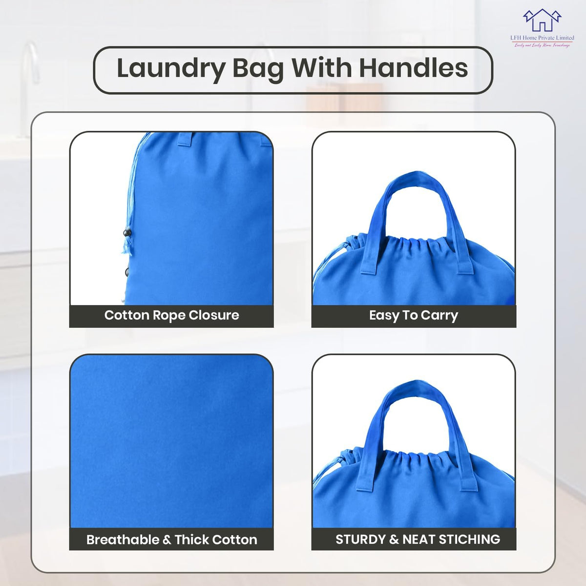 LFH Home Cotton Canvas Large Laundry Bag with Handle, Heavy Duty Drawstring Closure Washable Laundry Bags, School Travel, Home, Hotel, College Dorm, Organizer Sack, Toys Clothes 28x40-Sky Blue