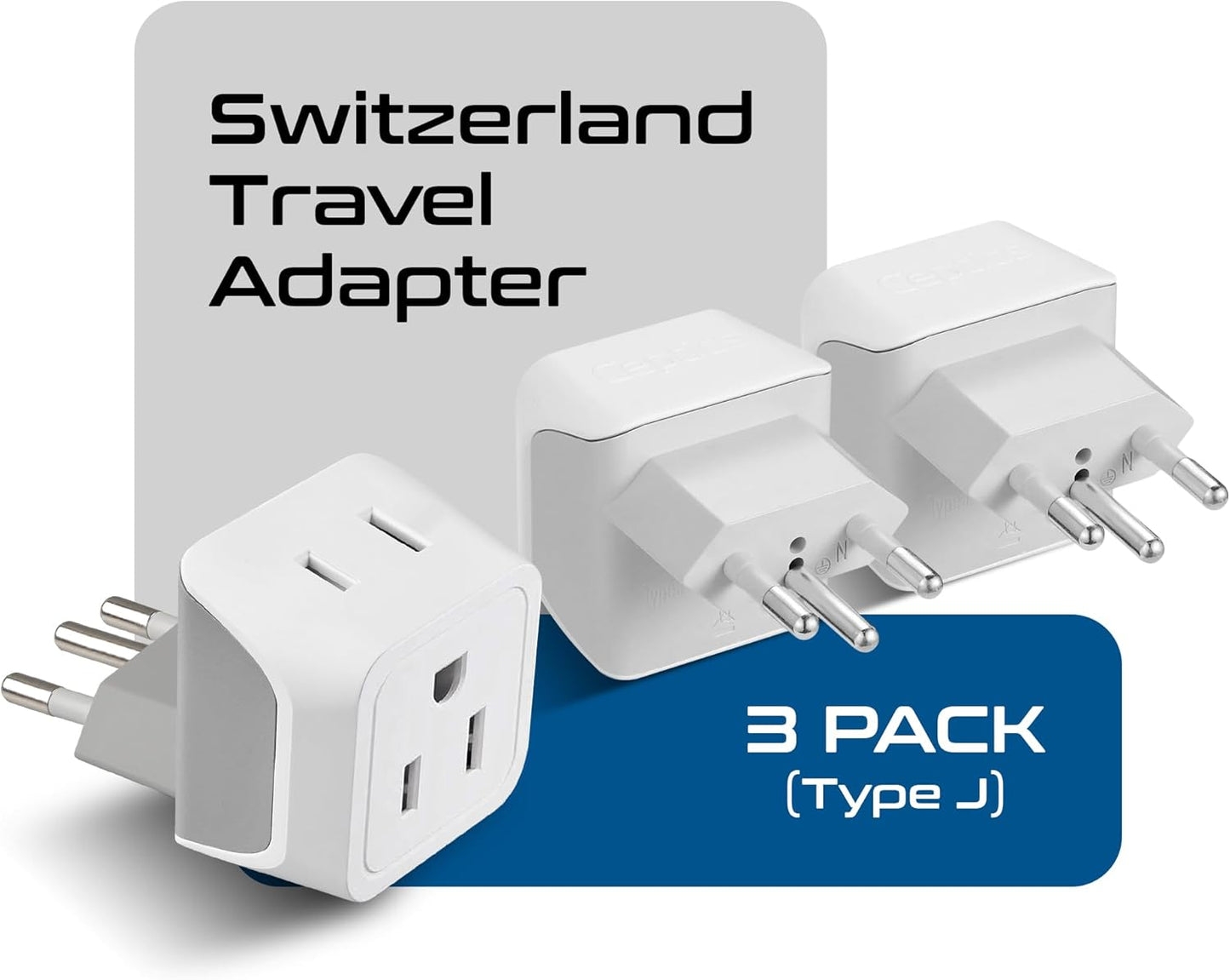 Ceptics Switzerland Travel Adapter Plug with Dual USA Input - Power - Type J (3 Pack) - Ultra Compact - Safe Grounded Perfect for Cell Phones, Laptops, Camera Chargers and More (CT-11A)