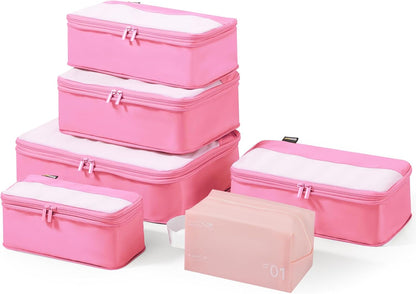 6 Set Compression Packing Cubes for Travel Essentials, Luggage Organizers for Suitcases (Light Pink)
