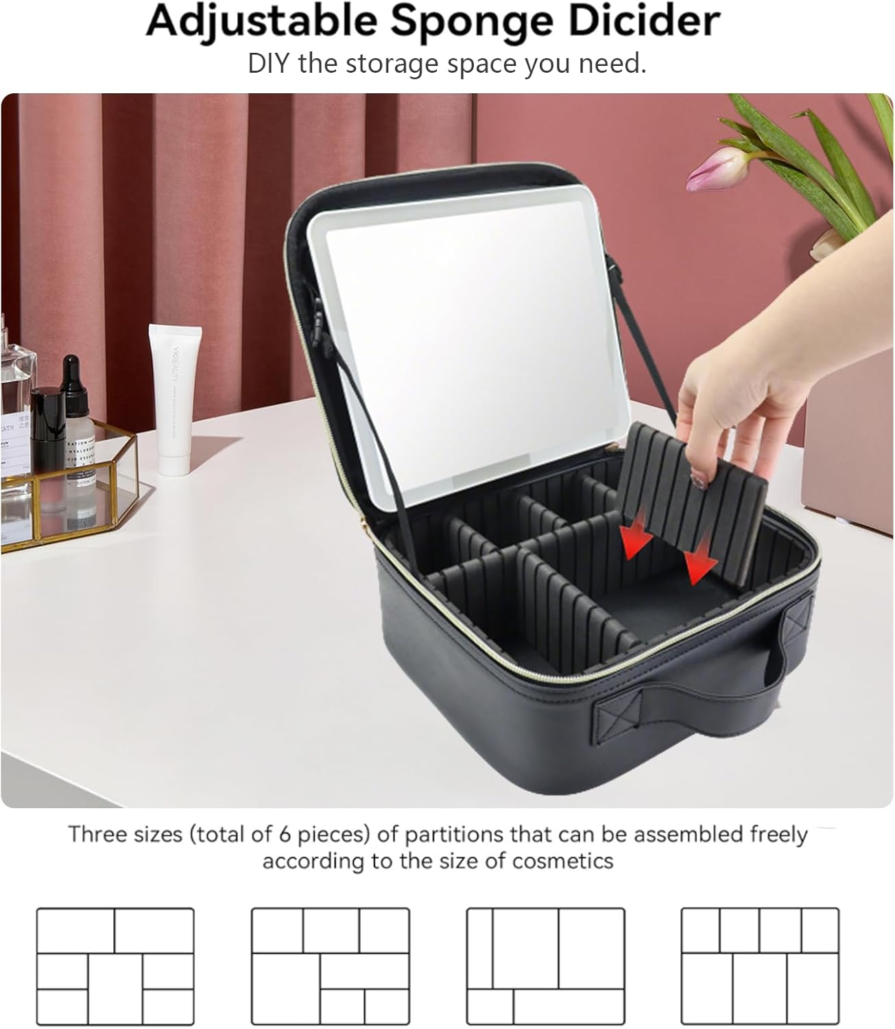 Travel Makeup Bag with LED Mirror with 3 Lighted Settings, Adjustable Dividers, Makeup Brush Storage Bag and Jewelry Case Black