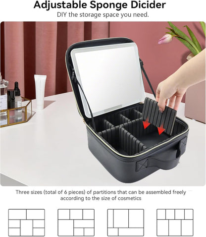 Travel Makeup Bag with LED Mirror with 3 Lighted Settings, Adjustable Dividers, Makeup Brush Storage Bag and Jewelry Case Black