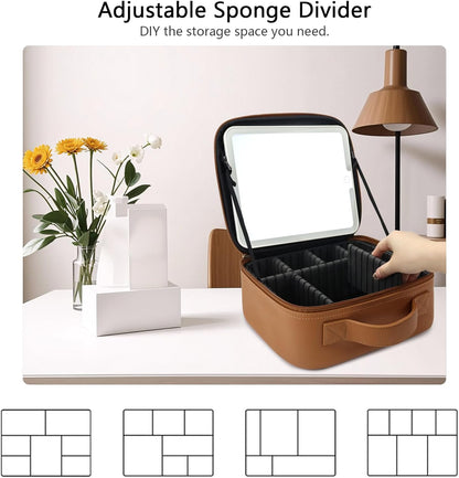 Travel Makeup Bag with LED Mirror Travel Makeup Organizer with 3 Lighted Settings, Adjustable Dividers and Makeup Brush Storage Bag Brown