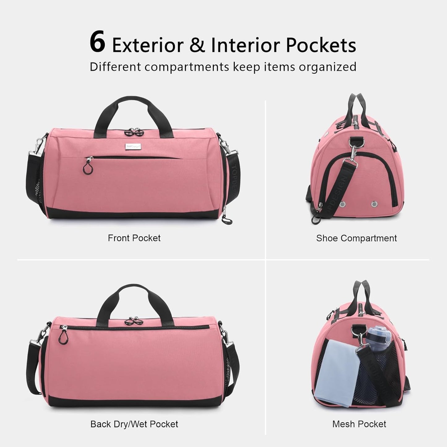 TOPDesign Gym Bag for Women & Men, Unisex Duffel Bag with Shoe Compartment & Wet Pocket for Travel Sports Gym (L Pink)