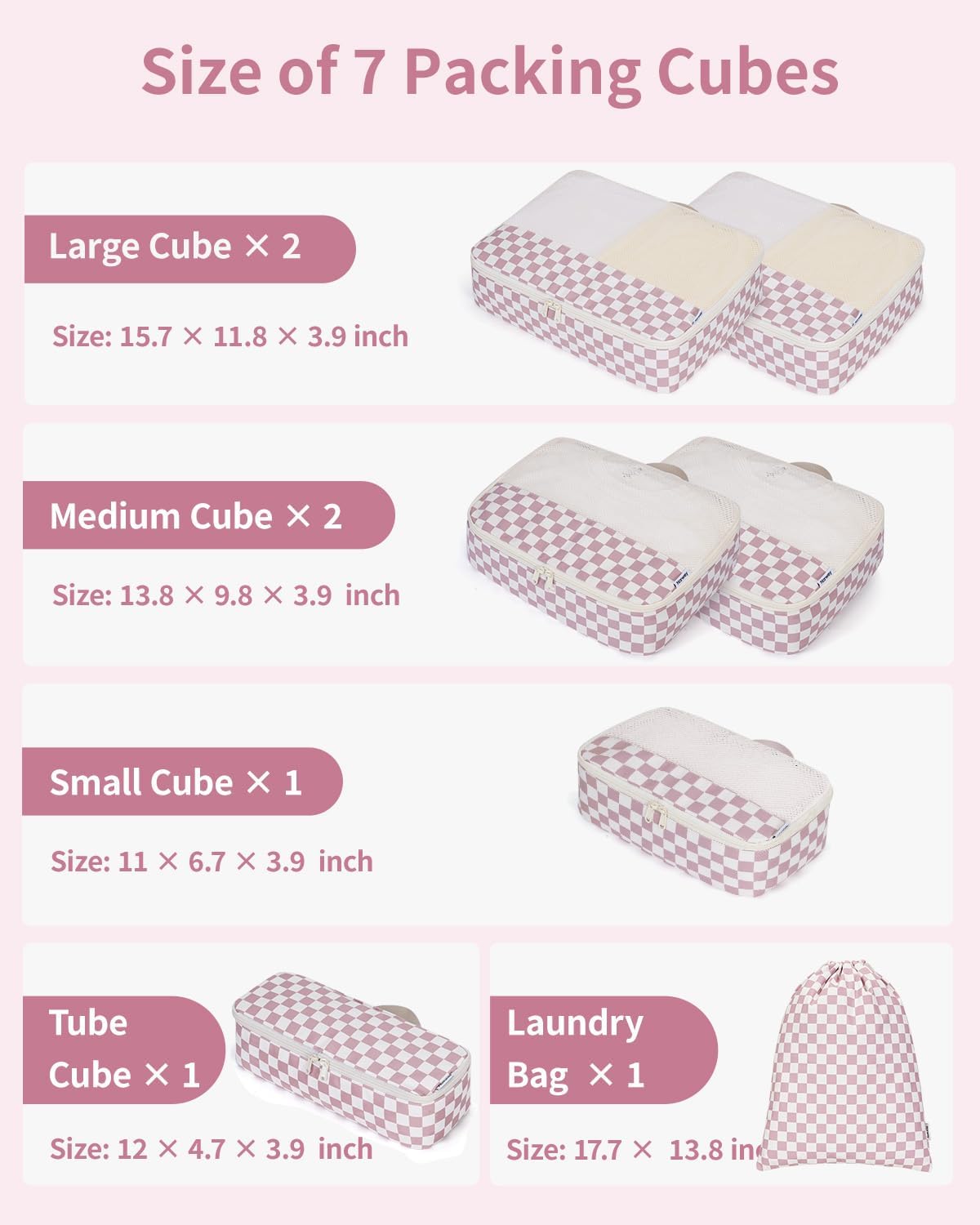 Narwey 7 Set Checkered Packing Cubes for Travel Carry on Suitcase Luggage Organizer Bags for Kids Women Men, Durable Packing Organizers Bag, Travel Essentials Accessories (Dusty Pink Checkerboard)