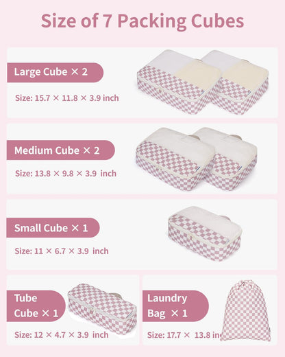 Narwey 7 Set Checkered Packing Cubes for Travel Carry on Suitcase Luggage Organizer Bags for Kids Women Men, Durable Packing Organizers Bag, Travel Essentials Accessories (Dusty Pink Checkerboard)