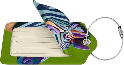 2pcs Zebra Luggage Tag for Suitcases Baggage, Colorful Airport Cruise Leahter Luggage Tag on Green Background and Full Back Privacy Cover for Travel Sports Teens Kids