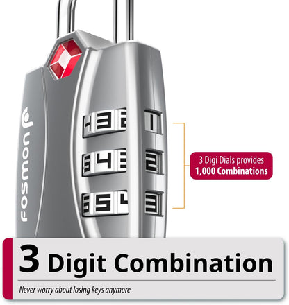 Fosmon TSA Approved Locks for Luggage. Suitcase Locks with Open Alert Indicator, 3 Digit Combination Padlock with Alloy Body for Travel, Backpack Zipper Anti Theft, Locker, Gym- Silver 2 Pack