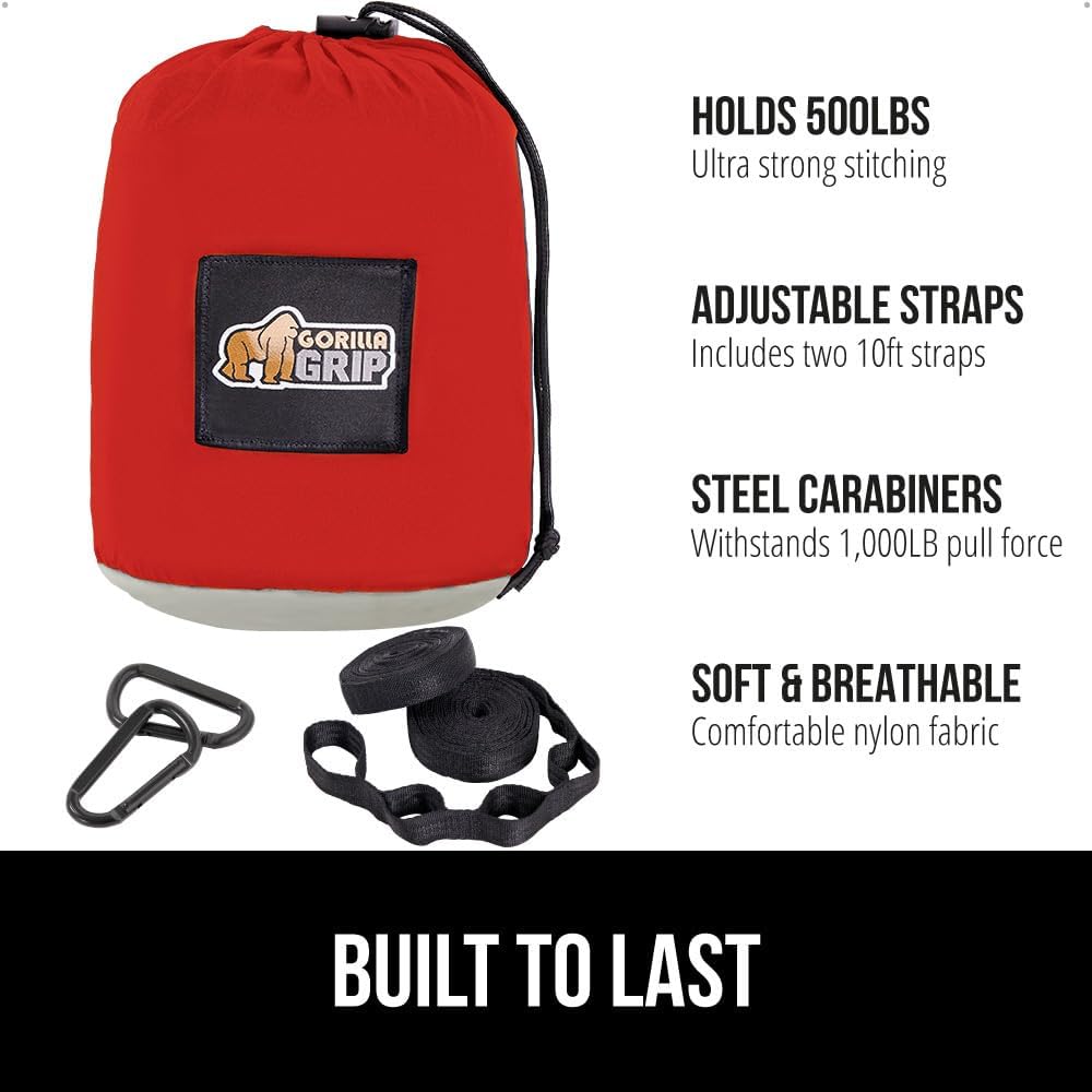 GORILLA GRIP Durable Portable Camping Hammock, Holds 400lbs with Heavy Duty Tree Straps, Comfortable Travel Swing, Camp Hammocks, Easy to Use and Install, Outdoor Essentials, Red, 10x6.5 FT