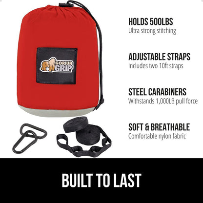 GORILLA GRIP Durable Portable Camping Hammock, Holds 400lbs with Heavy Duty Tree Straps, Comfortable Travel Swing, Camp Hammocks, Easy to Use and Install, Outdoor Essentials, Red, 10x6.5 FT