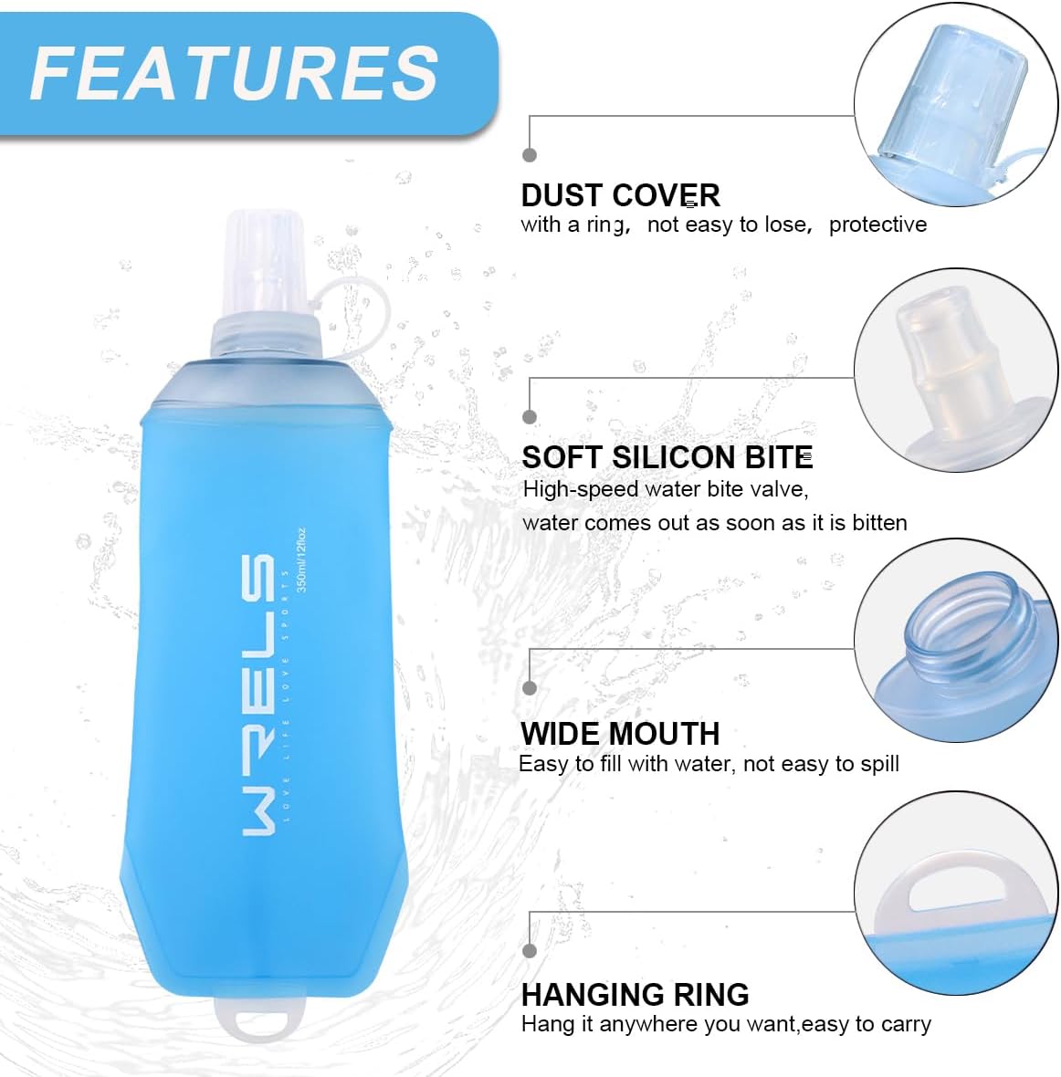 200ml/350ml/500ml Collapsible Soft Flask,BPA Free Folding Soft Water Bottle with Hanging Ring,Lightweight TPU Hydration Flask for Running Marathon Cycling Hiking(350ml-2 Packs)