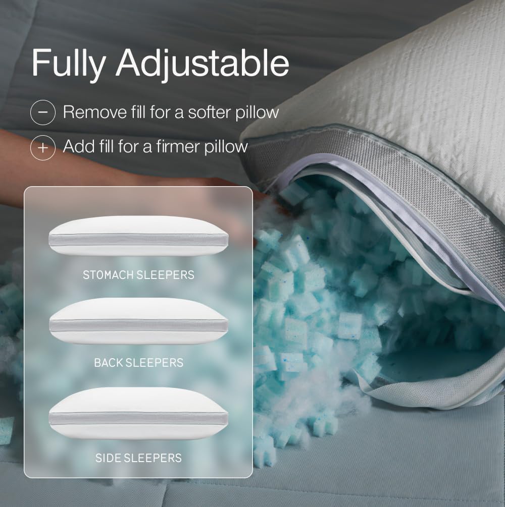 Coop Home Goods Cool+ Adjustable Pillow, King Size Plus Shaped Memory Foam Pillows with Cooling Gel, Back, Neck Support, Stomach or Side Sleeper Pillow, CertiPUR-US/GREENGUARD Gold