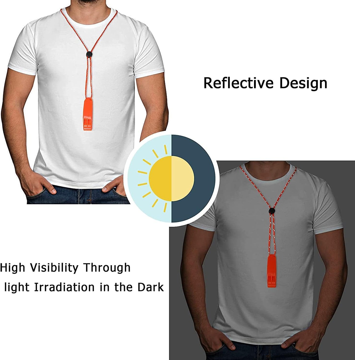 JULBEAR 6PCS Safety Survival Whistles with Adjustable Reflective Lanyard Emergency Plastic Whistle Marine Whistle