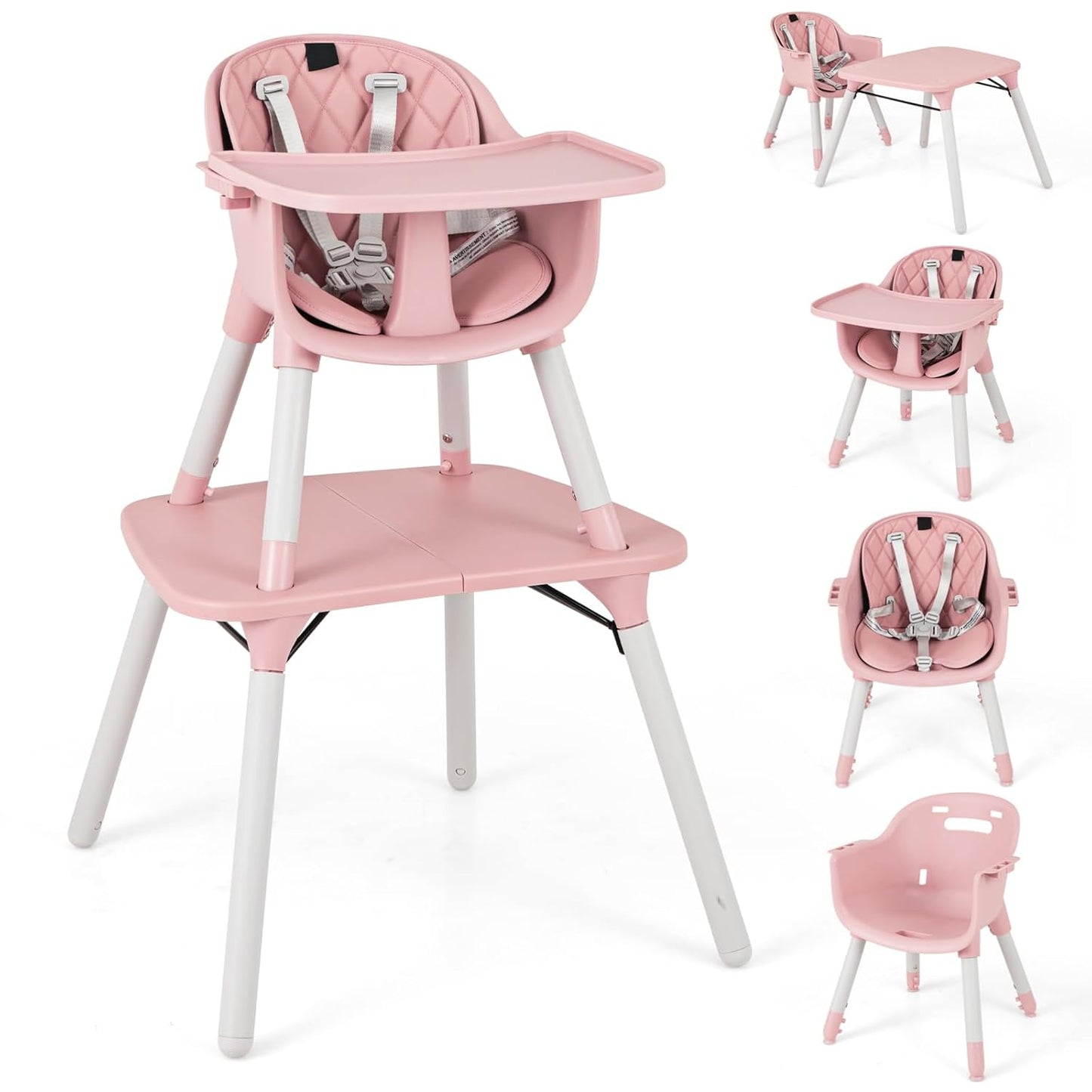 HONEY JOY 5-in-1 High Chair, Convertible Highchair for Babies and Toddlers/Kids Chair Table Set/Infant Feeding Chair w/Safety Harness, PU Leather Cushion & Removable Food Tray (Pink)