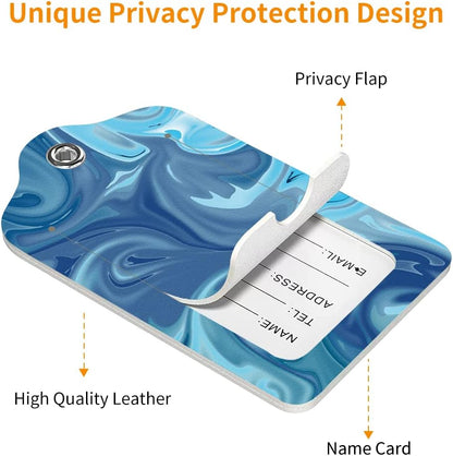 2 Pack Luggage Tag for Suitcase, Cute Unique Leather Bag Tags Identifiers Privacy Cover ID Label with Durable Steel Loop for Women Men Kids Girls Travel，Blue Wave