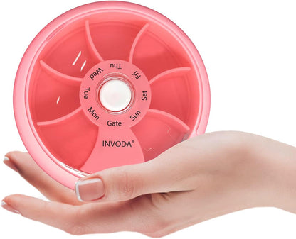INVODA Weekly Pill Organizer 7 Compartment Rotating Pill Box for Daily Medication & Vitamins - Portable Travel Pill Case Fish Oil Supplements Vitamins Organizer (Pink)
