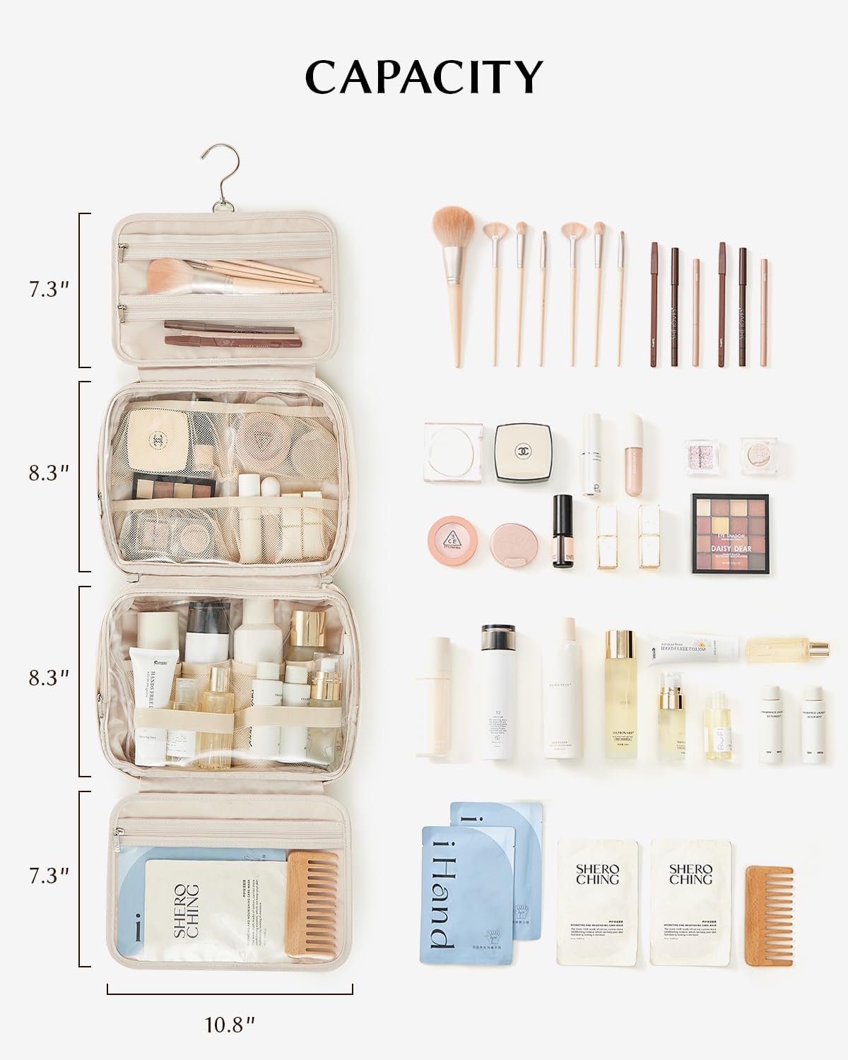 EACHY Toiletry Bag with Hanging Hook, Travel Makeup Bag PU Leather Cosmetic Bags for Women Make Up Organizer with 4 Compartments Waterproof Full-Size Portable Travel Essentials (White，Pro)