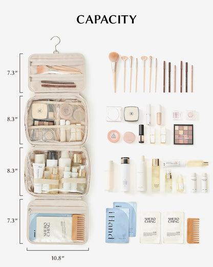 EACHY Toiletry Bag with Hanging Hook, Travel Makeup Bag PU Leather Cosmetic Bags for Women Make Up Organizer with 4 Compartments Waterproof Full-Size Portable Travel Essentials (White，Pro)