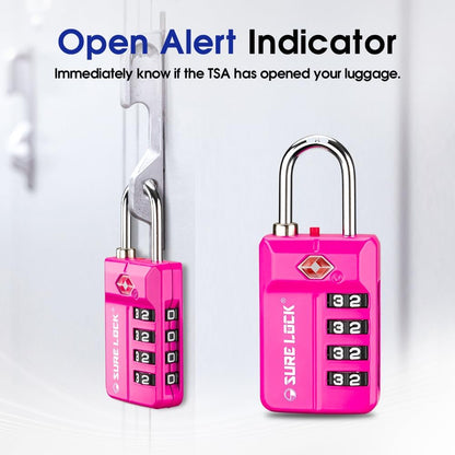 SURE LOCK TSA Approved 4-Digit Resettable Combination Luggage Locks with Open Alert, Easy-Read Dials - for Luggage, School Lockers, Gym, Office, Toolbox & Security Cases (Pink 2 Pack)