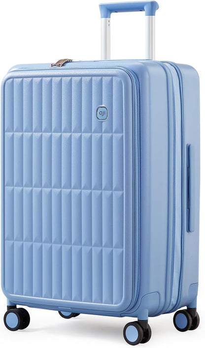aji Expandable Top Open 24 Inch Checked Luggage with Spinner Wheels, Large Suitcase with TSA Lock, Hardside Travel Luggage Suitcases for Men Women, for 14+Days Travel, Blueberry Blue