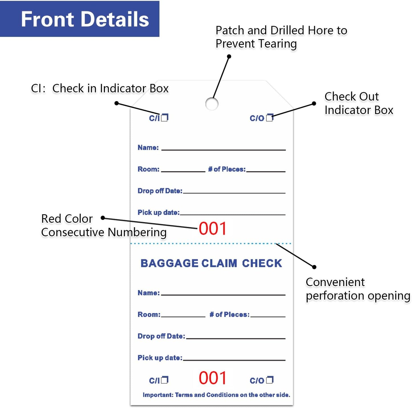 1000 Baggage Claim Check Tags with Transfer Tape on Back, 4 3/4 x 2 3/8 Hotel Luggage ID Tags Numbering from 001 to 1000, Baggage Identification for Hotel Suitcase Motel Bag