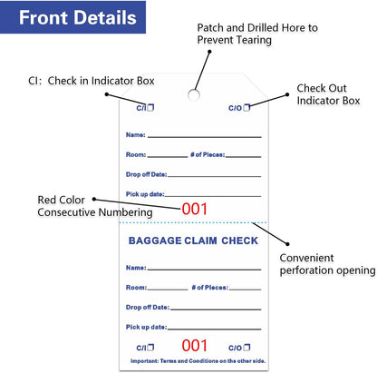 1000 Baggage Claim Check Tags with Transfer Tape on Back, 4 3/4 x 2 3/8 Hotel Luggage ID Tags Numbering from 001 to 1000, Baggage Identification for Hotel Suitcase Motel Bag