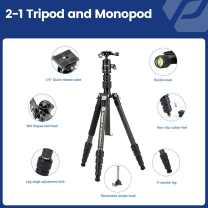 Fotopro 59" Carbon Fiber Travel Tripod, Lightweight Compact Camera Tripod with Ball Head Quick Release Plate, Compact Detachable Monopod with Carry Bag, Load up to 8KG/17.63lbs