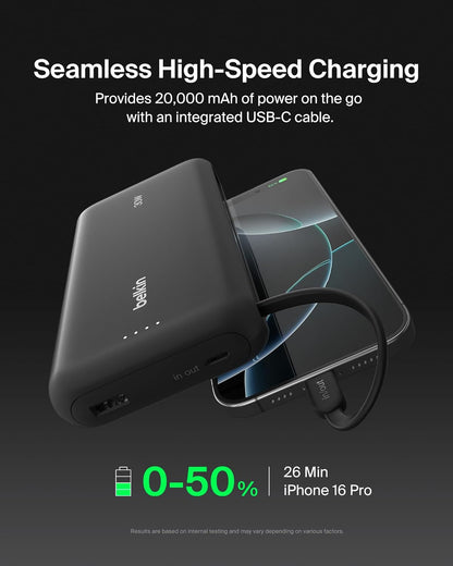 Belkin Portable Charger, Power Bank with Integrated Cable 20000 mAh 30W - Fast Charging USB C Power Delivery, iPhone Charger - iPhone 16 Series, iPad Pro, Galaxy S25 Series, & More - Black