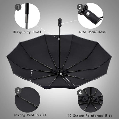 FDJASGY Windproof Travel Umbrella with Teflon Coating Auto Open Close Lightweight Sun&Rain Umbrella with 10 Rib Construction and Reflective Stripe Zipper Pouch