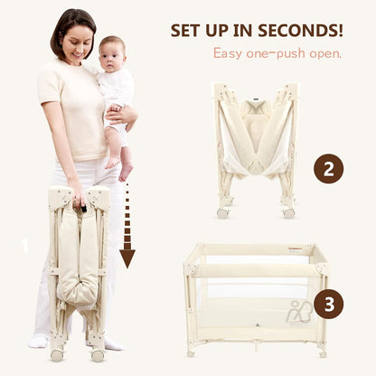 ANGELBLISS Baby Bassinet Bedside Crib, Pack and Play with Mattress, Diaper Changer, One-Push Setup Playards from Infants to Toddlers (Beige)