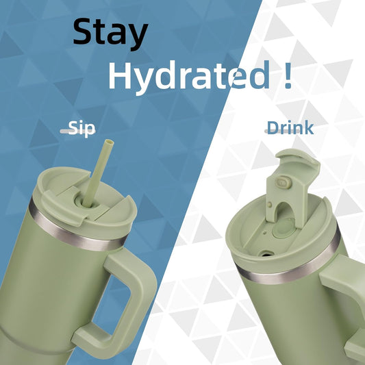 40 oz Tumbler with Handle and 2 Straws,2 in 1 Lid Insulated Water Bottle Stainless Steel Travel Coffee Mug,Army Green