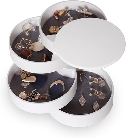 CONBOLA Jewelry Organizer, Small Jewelry Storage Box Earring Holder for Women, 5-Layer Rotating Travel Jewelry Tray Case with Lid for Bracelets Rings Bracelets, Gift for Women Teen Girls(White)