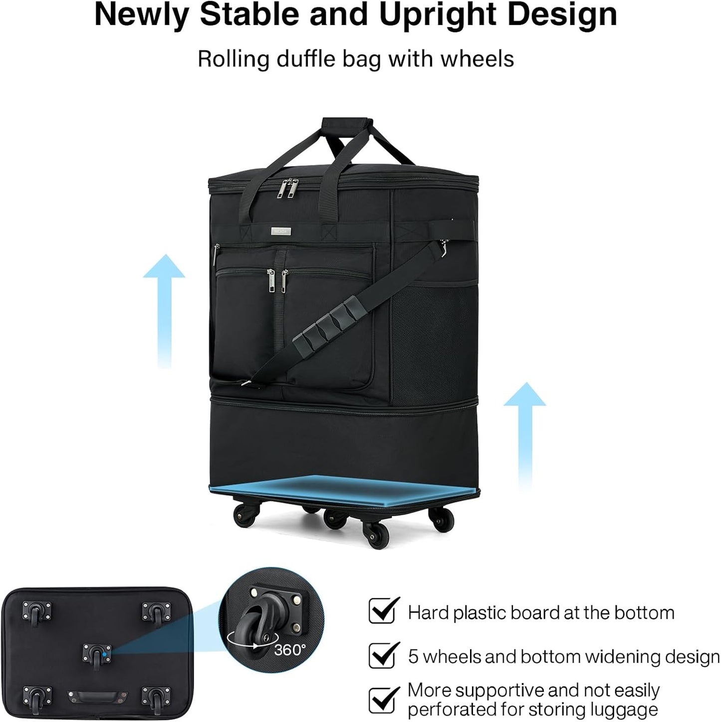 MILADA Expandable Luggage Bags for Travel Foldable Suitcase with Wheels Collapsible Rolling Travel Duffle Bag Lightweight Large Suitcases without Telescoping Handle, Black