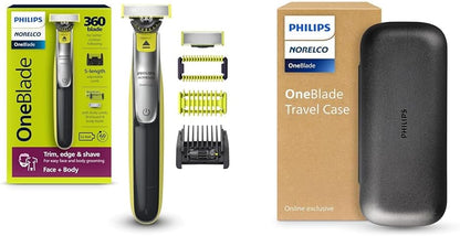 Philips Norelco OneBlade Face+Body Travel Kit Bundle - Philips Norelco OneBlade 360 Face+Body Hybrid Electric Trimmer and Shaver, QP2834/70 + Travel Case. QP401/90