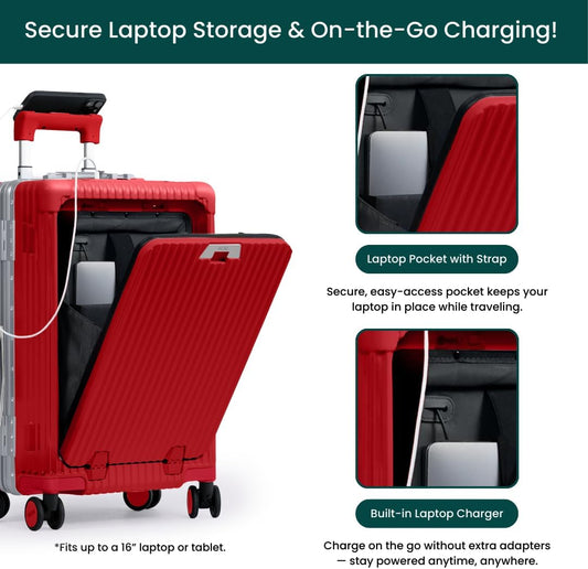 Nobl Travel Carry On Luggage, Noble Zipperless Aluminum Frame PC Hard Shell Suitcase, 20.8"x15"x8.7" Airline Approved, 360° Spinner Wheels, TSA Locks, USB Charging Port, Cup & Phone Holder - Red