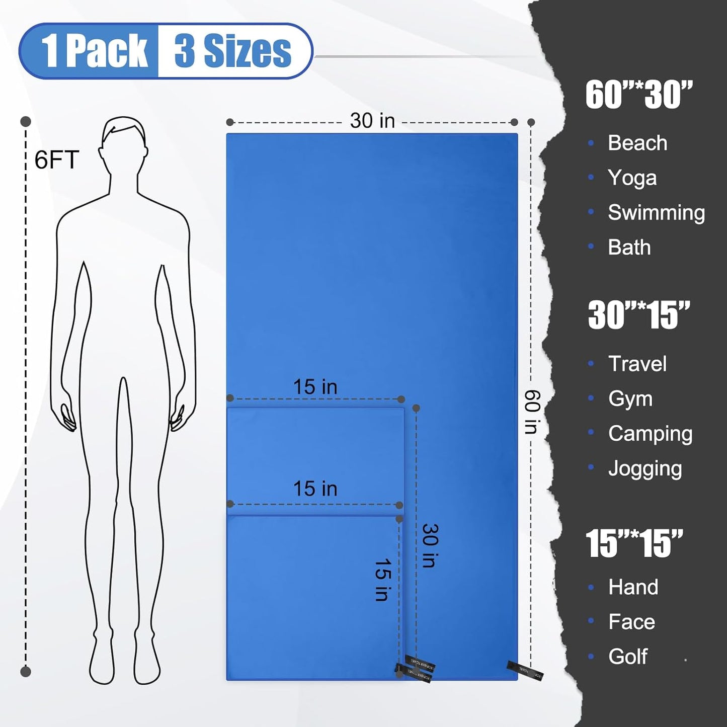 Quick Dry Travel Towel, 3 Sizes 1 Pack Camping Microfiber Towel, Lightweight Fast Drying Towels Set 60"x30", 30"x15", 15"x15" w/Bag for Gym, Beach, Hiking, Swimming, Dark Blue