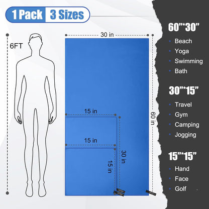 Quick Dry Travel Towel, 3 Sizes 1 Pack Camping Microfiber Towel, Lightweight Fast Drying Towels Set 60"x30", 30"x15", 15"x15" w/Bag for Gym, Beach, Hiking, Swimming, Dark Blue