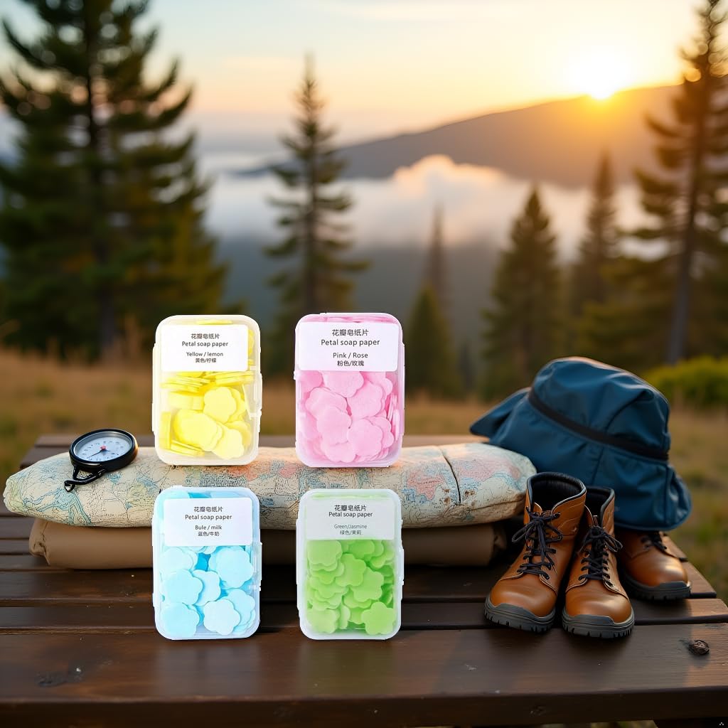 4 Boxes Paper Soap, 4 Different Scented Mini Fresh Portable Disposable Petal Hand Wash Sheets, Dissolvable Hand Bath Soap, Suitable for Outdoor, Travel, Camping (Approx 400 Sheets)
